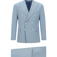 Açık Mavi 7 Drop Slim Fit Dar Kesim Pamuklu Lyocell Kruvaze Takım Elbise