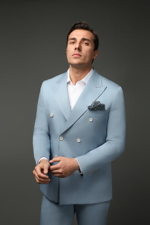 Açık Mavi 7 Drop Slim Fit Dar Kesim Pamuklu Lyocell Kruvaze Takım Elbise