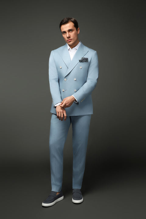 Açık Mavi 7 Drop Slim Fit Dar Kesim Pamuklu Lyocell Kruvaze Takım Elbise