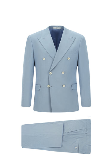  Açık Mavi Slim Fit Dar Kesim Pamuklu Lyocell Kruvaze Takım Elbise