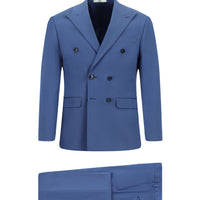 Koyu Mavi  Slim Fit Dar Kesim Pamuklu Lyocell Kruvaze Takım Elbise