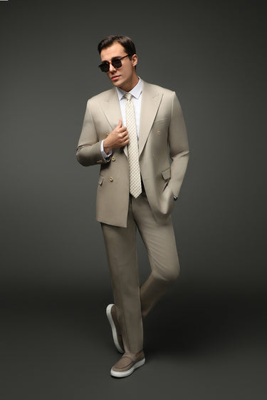  Orta Bej Slim Fit Dar Kesim Pamuklu Lyocell Kruvaze Takım Elbise