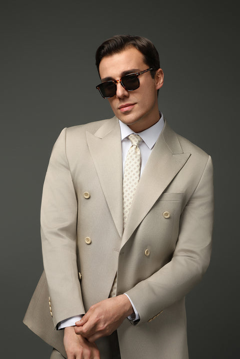 Orta Bej 7 Drop Super Slim Fit Eksra Dar Kesim Pamuklu Lyocell Kruvaze Takım Elbise