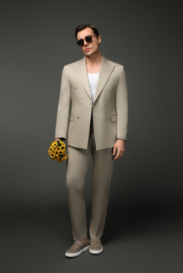  Orta Bej Slim Fit Dar Kesim Pamuklu Lyocell Kruvaze Takım Elbise