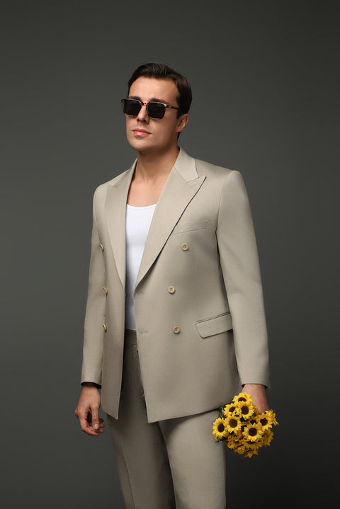 Orta Bej 7 Drop Super Slim Fit Eksra Dar Kesim Pamuklu Lyocell Kruvaze Takım Elbise