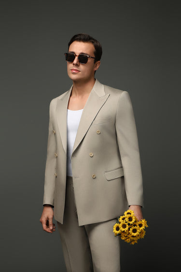  Orta Bej Slim Fit Dar Kesim Pamuklu Lyocell Kruvaze Takım Elbise