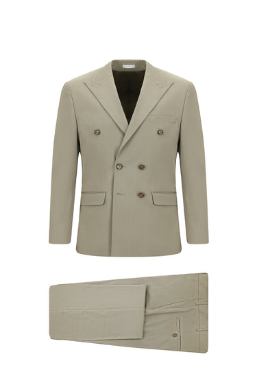 Koyu Bej Slim Fit Dar Kesim Pamuklu Lyocell Kruvaze Takım Elbise