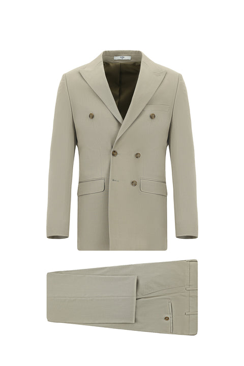 Koyu Bej 7 Drop Slim Fit Dar Kesim Pamuklu Lyocell Kruvaze Takım Elbise