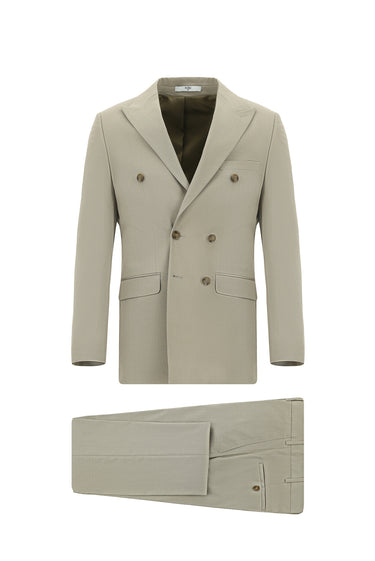Koyu Bej Super Slim Fit Ekstra Dar Kesim Pamuklu Lyocell Kruvaze Takım Elbise
