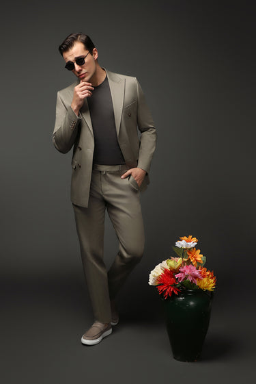  Açık Haki Slim Fit Dar Kesim Pamuklu Lyocell Kruvaze Takım Elbise