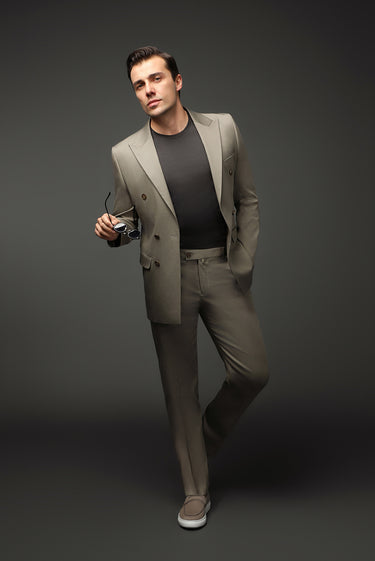  Açık Haki Slim Fit Dar Kesim Pamuklu Lyocell Kruvaze Takım Elbise