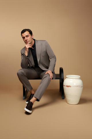  Koyu Vizon Slim Fit Dar Kesim Pamuklu Lyocell Kruvaze Takım Elbise