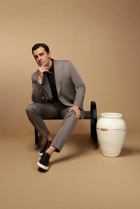 Koyu Vizon 7 Drop Slim Fit Dar Kesim Pamuklu Lyocell Kruvaze Takım Elbise