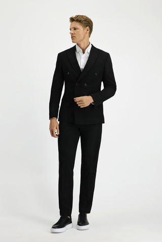  Siyah Slim Fit Dar Kesim Kruvaze Takım Elbise