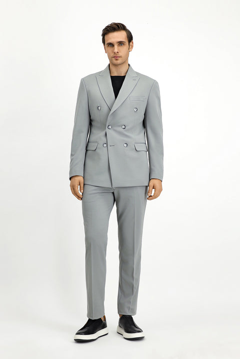 Açık Gri 7 Drop Slim Fit Dar Kesim Mevsimlik Kruvaze Takım Elbise