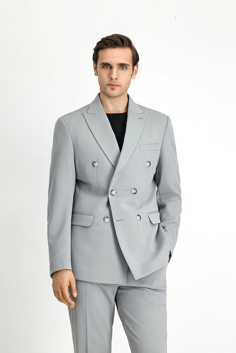 Açık Gri 7 Drop Slim Fit Dar Kesim Mevsimlik Kruvaze Takım Elbise