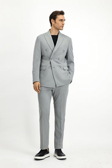  Açık Gri Slim Fit Dar Kesim Kruvaze Takım Elbise