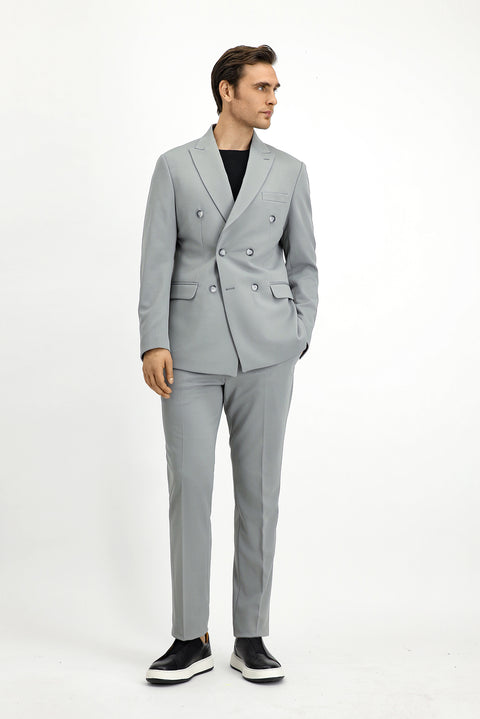 Açık Gri 7 Drop Slim Fit Dar Kesim Mevsimlik Kruvaze Takım Elbise