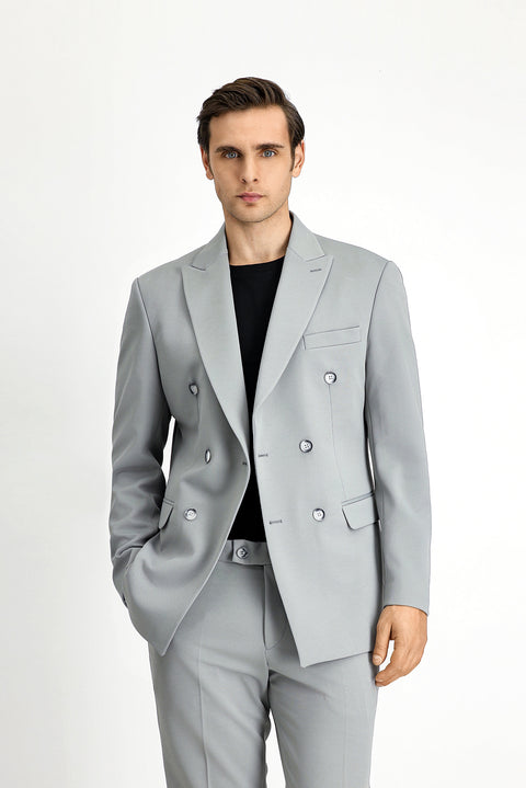 Açık Gri 7 Drop Slim Fit Dar Kesim Mevsimlik Kruvaze Takım Elbise