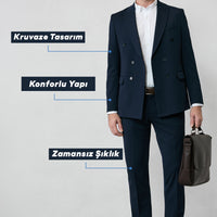Koyu Lacivert 7 Drop Slim Fit Dar Kesim Mevsimlik Kruvaze Takım Elbise