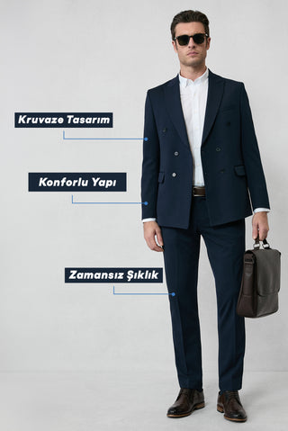  Koyu Lacivert 6 Drop Regular Fit Standart Kesim Mevsimlik Kruvaze Takım Elbise