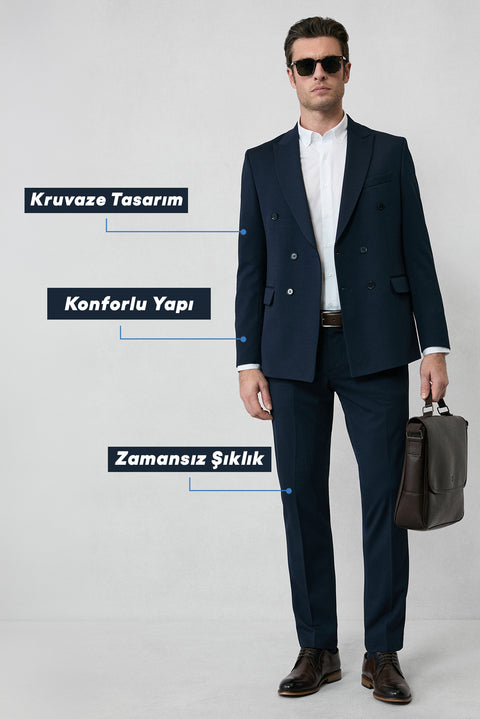 Koyu Lacivert 7 Drop Slim Fit Dar Kesim Mevsimlik Kruvaze Takım Elbise