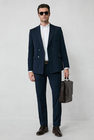  Koyu Lacivert 7 Drop Slim Fit Dar Kesim Mevsimlik Kruvaze Takım Elbise