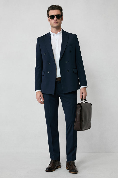 Koyu Lacivert 7 Drop Slim Fit Dar Kesim Mevsimlik Kruvaze Takım Elbise