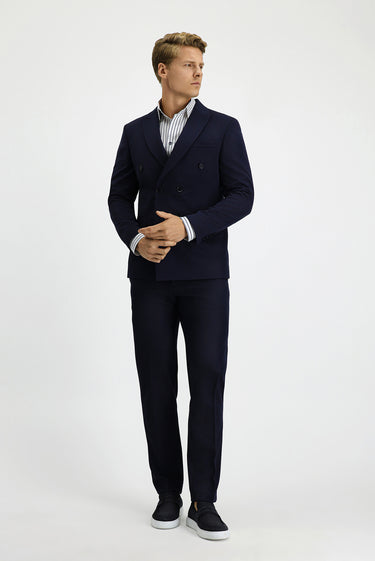  Koyu Lacivert Slim Fit Dar Kesim Kruvaze Takım Elbise