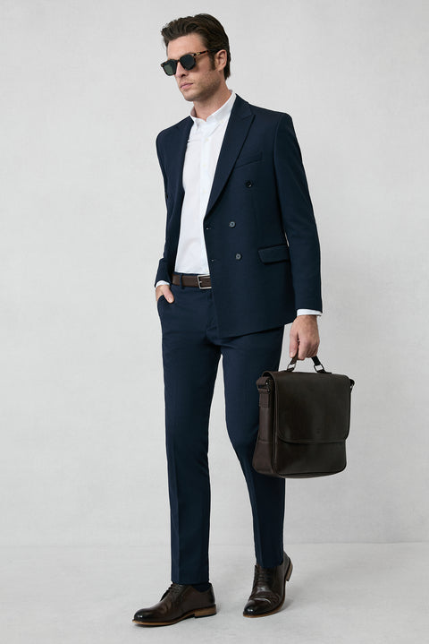 Koyu Lacivert 7 Drop Slim Fit Dar Kesim Mevsimlik Kruvaze Takım Elbise