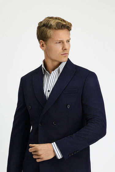  Koyu Lacivert Slim Fit Dar Kesim Kruvaze Takım Elbise