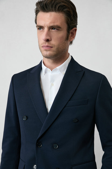 Koyu Lacivert 7 Drop Slim Fit Dar Kesim Mevsimlik Kruvaze Takım Elbise