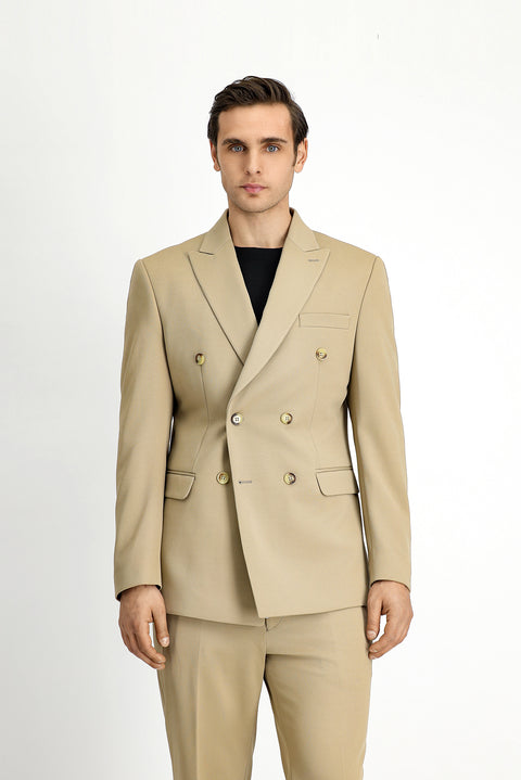 Açık Bej 7 Drop Slim Fit Dar Kesim Mevsimlik Kruvaze Takım Elbise