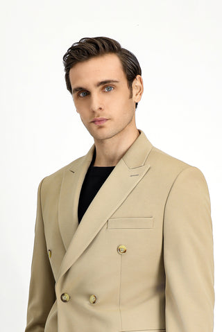  Açık Bej Slim Fit Dar Kesim Kruvaze Takım Elbise