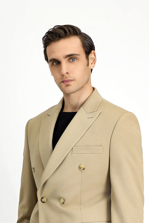Açık Bej 7 Drop Slim Fit Dar Kesim Mevsimlik Kruvaze Takım Elbise