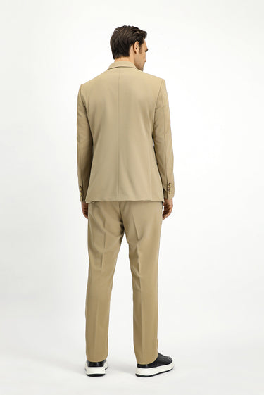Açık Bej Slim Fit Dar Kesim Kruvaze Takım Elbise