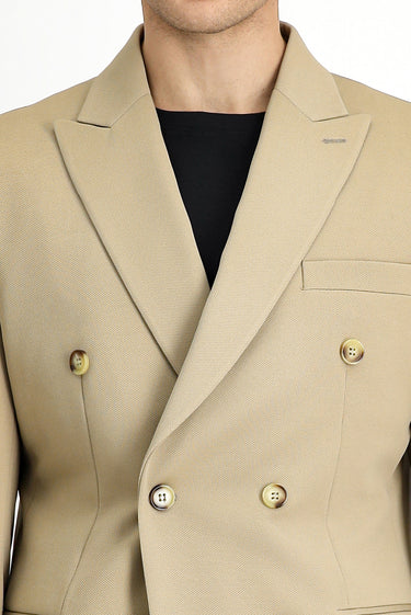 Açık Bej Slim Fit Dar Kesim Kruvaze Takım Elbise