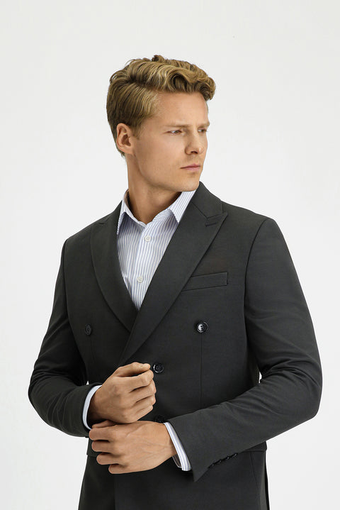 Koyu Antrasit 7 Drop Slim Fit Dar Kesim Mevsimlik Kruvaze Takım Elbise