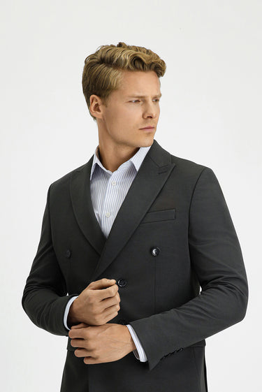  Koyu Antrasit Slim Fit Dar Kesim Kruvaze Takım Elbise