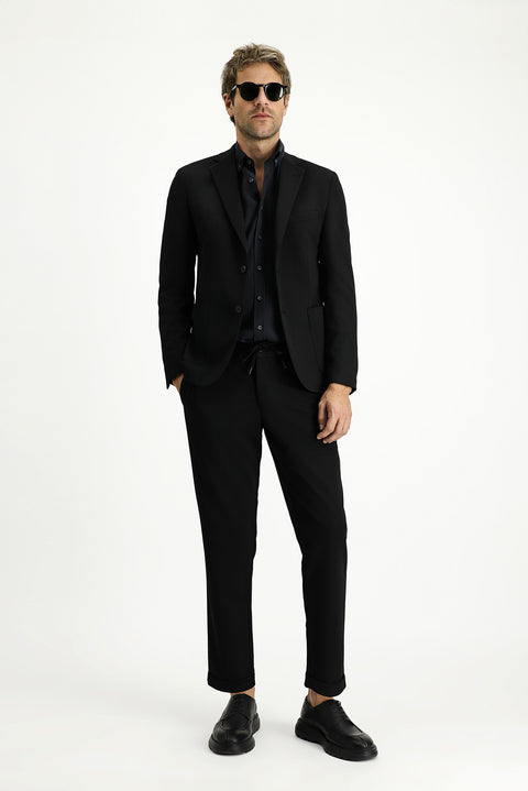 Siyah 7 Drop Super Slim Fit Ekstra Dar Kesim Mevsimlik Beli Lastikli İpli Takım Elbise