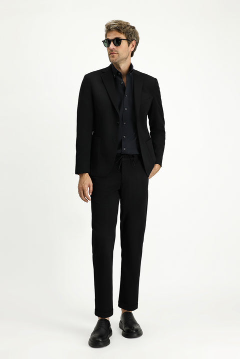 Siyah 7 Drop Super Slim Fit Ekstra Dar Kesim Mevsimlik Beli Lastikli İpli Takım Elbise