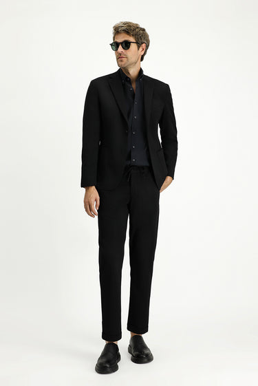 Siyah Super Slim Fit Ekstra Dar Kesim Beli Lastikli İpli Takım Elbise