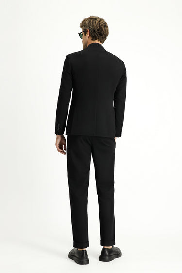 Siyah Super Slim Fit Ekstra Dar Kesim Beli Lastikli İpli Takım Elbise