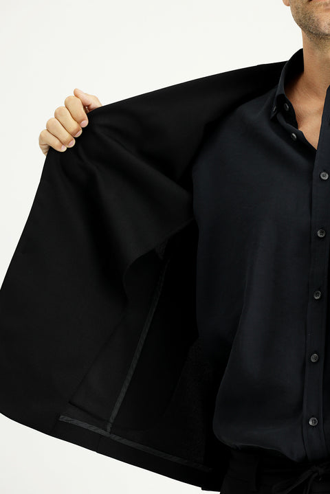 Siyah 7 Drop Super Slim Fit Ekstra Dar Kesim Mevsimlik Beli Lastikli İpli Takım Elbise