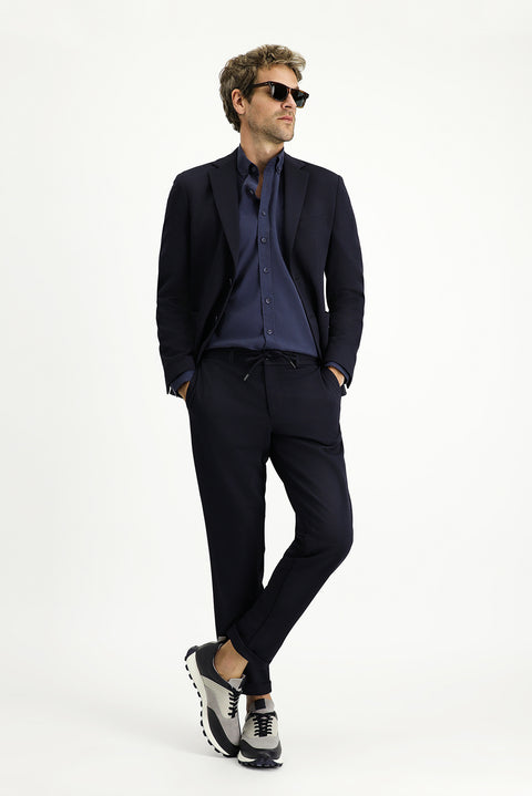 Koyu Lacivert 7 Drop Super Slim Fit Ekstra Dar Kesim Mevsimlik Beli Lastikli İpli Takım Elbise