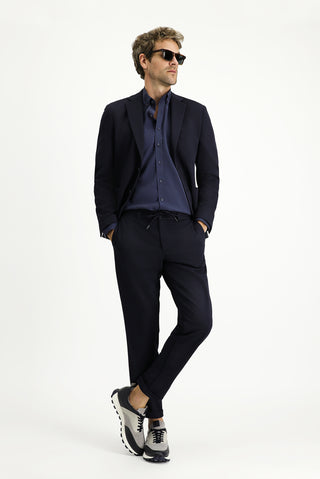  Koyu Lacivert 7 Drop Super Slim Fit Ekstra Dar Kesim Mevsimlik Beli Lastikli İpli Takım Elbise