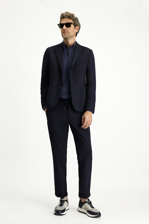 Koyu Lacivert 7 Drop Super Slim Fit Ekstra Dar Kesim Mevsimlik Beli Lastikli İpli Takım Elbise