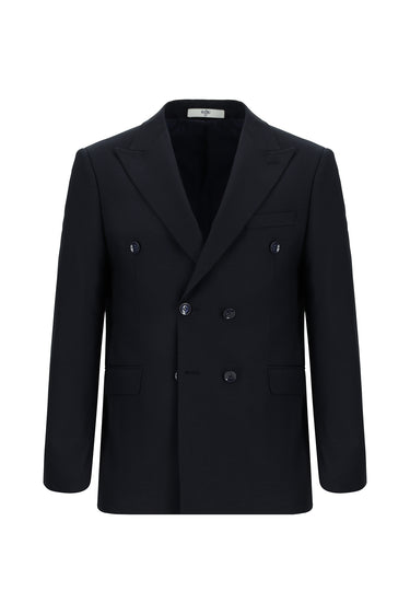  Koyu Lacivert Slim Fit Dar Kesim Desenli Kruvaze Takım Elbise