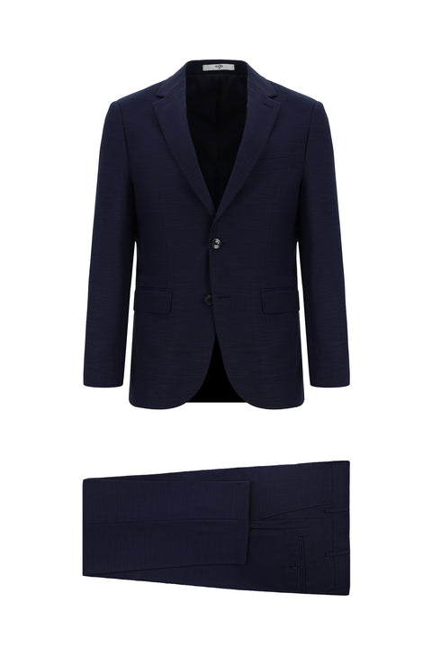 Orta Lacivert 7 Drop Slim Fit Dar Kesim Desenli Takım Elbise