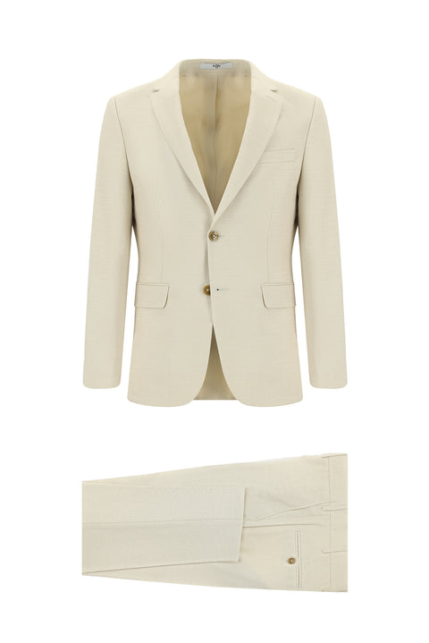 Krem 7 Drop Super Slim Fit Eksra Dar Kesim Desenli Takım Elbise